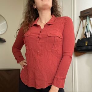 Ag Adriano Gold Schmied Crinkle‎ Blouse 3/4 Sleeve Front Pockets Small